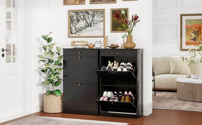 Shoe Storage Cabinet with 2 Flip Doors Set of 2, Wooden Narrow Shoe Cabinet Organizer with Drawer, Freestanding Hidden Shoe Rack with Adjustable Shelf for entryway, Hallway, Living Room, Black-NeatNest
