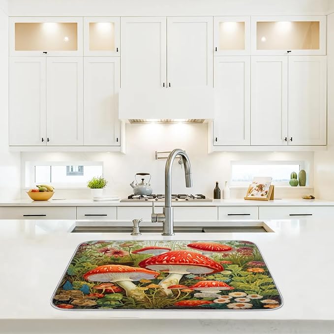 Dish Drying Mat Kitchen Counter - Absorbent Microfiber Drying Rack Pads Reversible Dish Pad Draining Mats for Countertop Coffee Mats,18x24 inch（Mushroom)