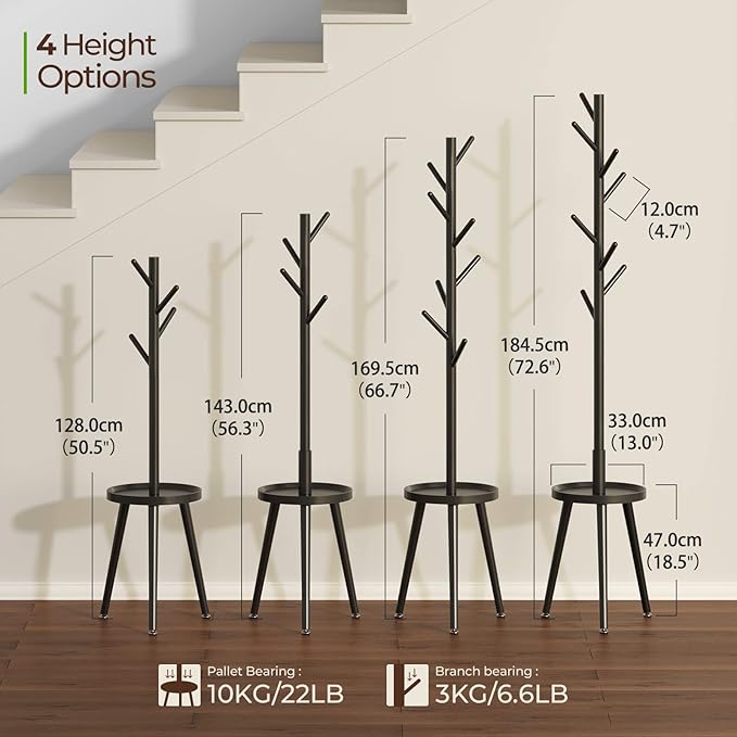 GREENSTELL Coat Rack with 8 Hooks, Wooden Coat Rack Freestanding with Shelf, Coat Tree with 4 Height Options 50.5"-72.6", Coat Hanger Stand for Bags, Clothes, Umbrellas, Hats, in Home, Black-NeatNest