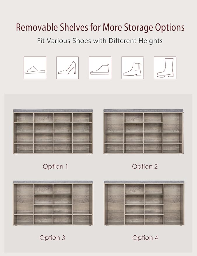 DINZI LVJ Shoe Storage Bench with Cushion, 16-Cubby Shoe Rack, Adjustable Shelves, Multifunctional Shoe Organizer Bench for Entryway, Mudroom, Hallway, Living Room, Bedroom and Garage, Greige-NeatNest
