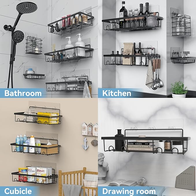 5 Pack Shower Caddy, Adhesive Organizer for Bathroom & Kitchen, Large Capacity Rustproof Stainless Steel Shelves No Drilling