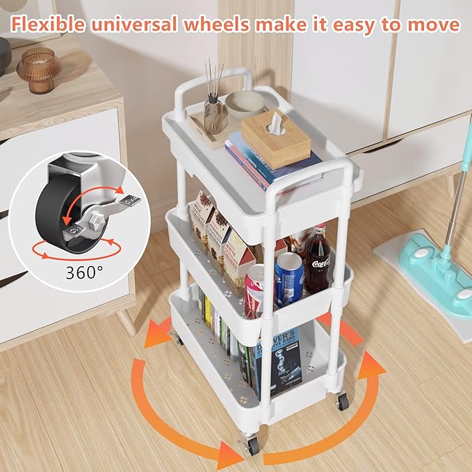 Calmootey 3-Tier Rolling Utility Cart with Drawer,Multifunctional Storage Organizer with Plastic Shelf & Metal Wheels,Storage Cart for Kitchen,Bathroom,Living Room,Office,White-NeatNest