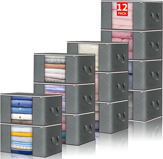 Budding Joy Clothes Storage, Foldable Large Storage Bags, Storage and Organization for Clothing, Blanket, Comforter, Clothes, Pillows, Toys, Closet Organizers with Enhanced Handle, 60L 12 Pack-NeatNest