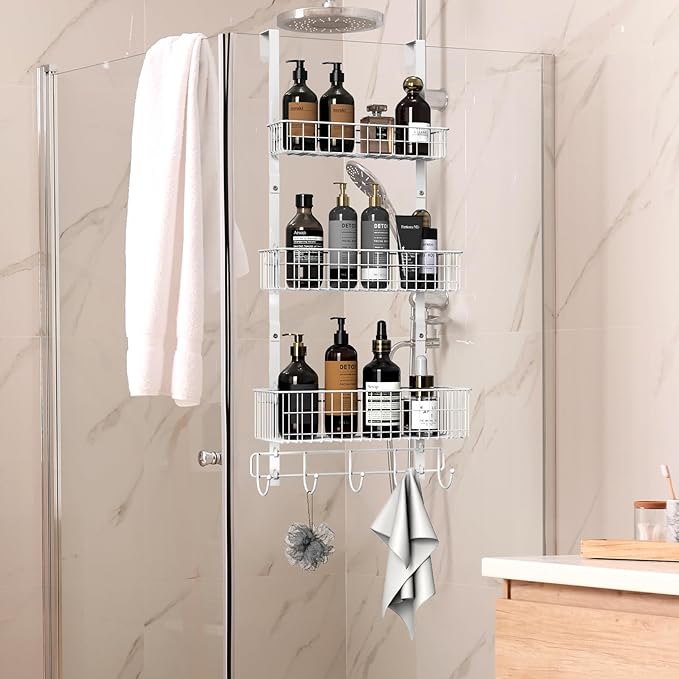 CADUKE Over The Door Organizer Hanger with Basket Hanger Door Towel Rack with 5 Hooks Back of Door Storage Organizer Behind Door Hooks Hanger Shelf for Bathroom, Kitchen, Office, White-NeatNest