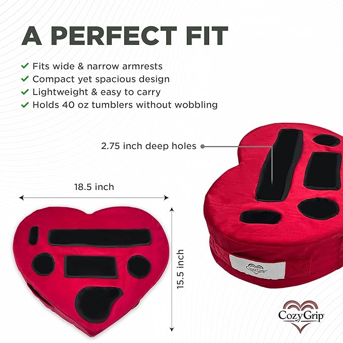 Heart-Shaped 8-in-1 Bed & Couch Cup Holder, Sofa Organizer Caddy Holds Phone, Tablet/iPad, TV Remote, Gaming Console, Mug - Drinks Cupholder Tray - Buddy Pillow Gift for Women & Couples, Red-NeatNest