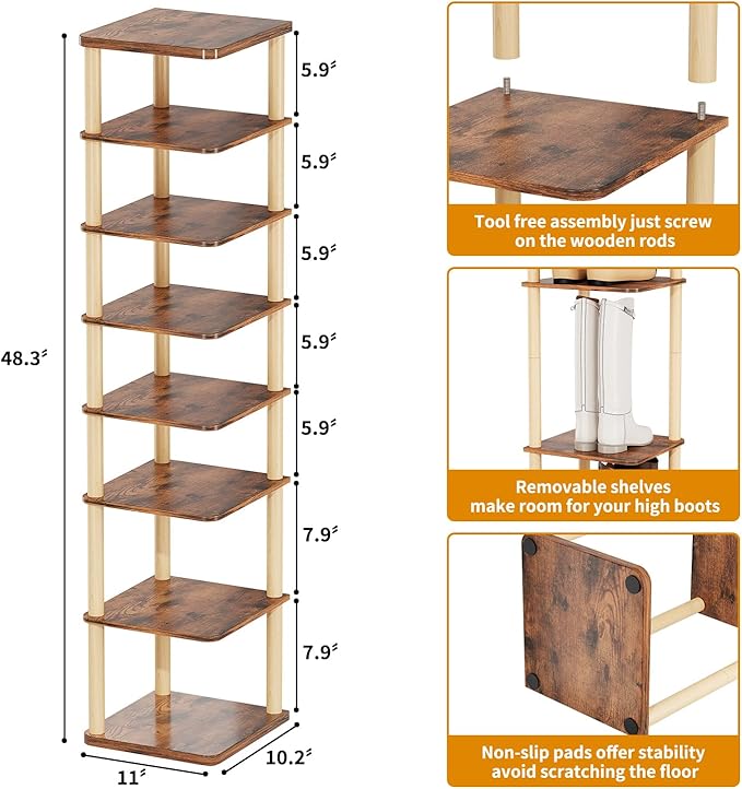 LUCKNOCK Vertical Shoe Rack, 8-Tier Tall Narrow Shoe Organizer for Entryway, Closet, Dorm & Small Spaces, Freestanding Wooden Shoe Shelf Tower for Boots, Sneakers, Heels. (Rustic Brown)-NeatNest