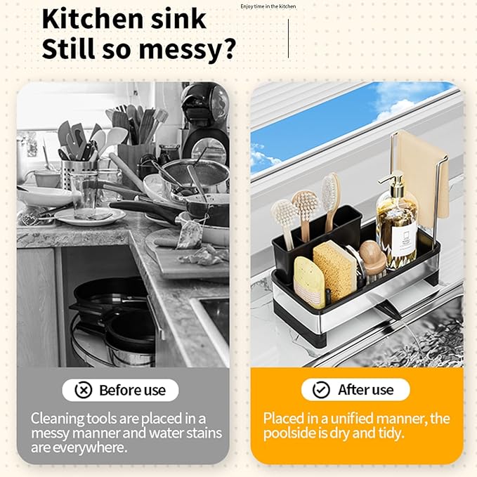 Sponge Holder for Kitchen Sink,Sink Caddy Organizer with Removable Brush Holder,Kitchen Countertop Soap Dispenser Storage with Detachable Towel Rack,Black-NeatNest