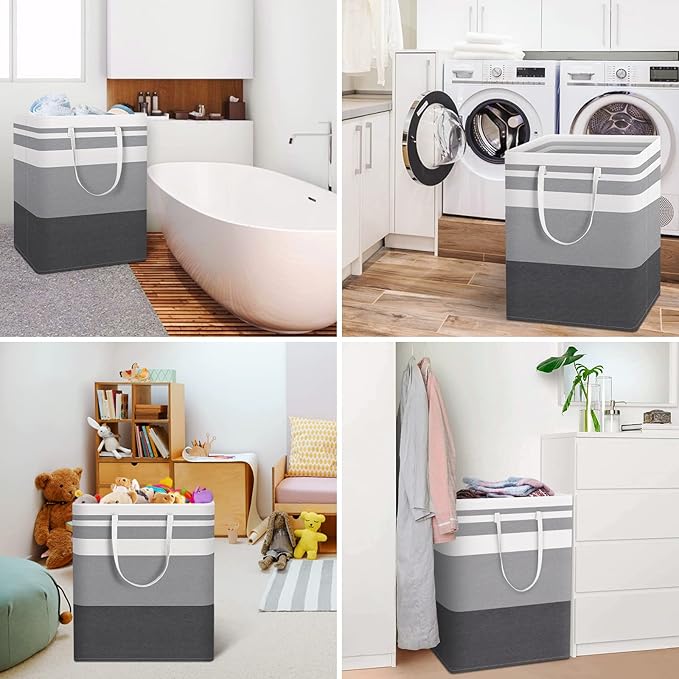 HomeHacks 2 Pack Large Laundry Baskets, Waterproof, Freestanding Laundry Hampers, Collapsible Clothes Hamper with Reinforced Handles in Laundry, College Dorm, Bathroom, Bedroom (Grey+Blue, 125Lx2)-NeatNest