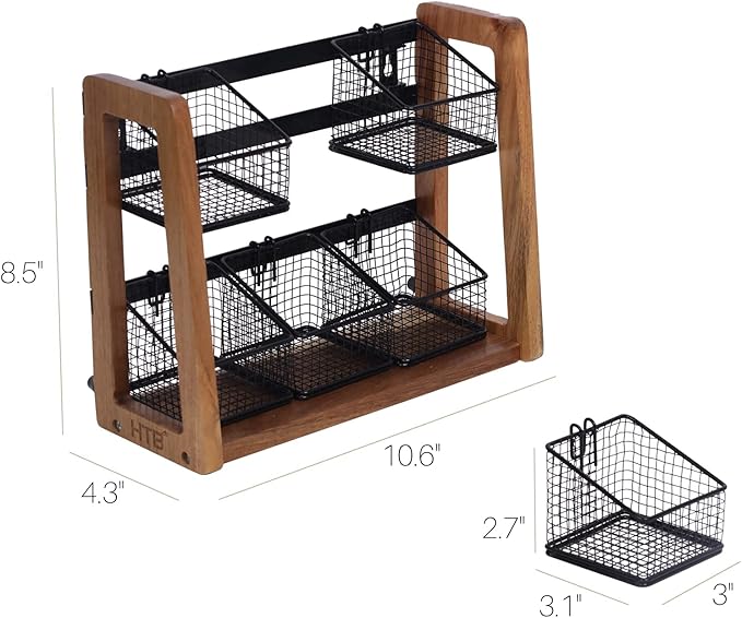 HTB 2 Tier Tea Organizer for Tea Bags, Tea Bag Holder with Acacia Wood Stand and 6 Removable Metal Basket for Sugar Packets, Sweeteners, Creamers for Cabinet, Countertop or Wall-mounted-NeatNest