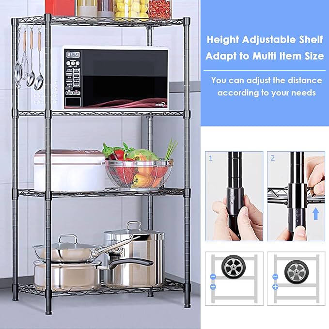 4 Tier Wire Shelving Unit, Height Adjustable Wire Shelves with NSF Certified, Metal Storage Rack Shelf Unit for Kitchen, Laundry, Bathroom, Pantry, Closet (12" D x 19.7" W x 31.5" H, Black)