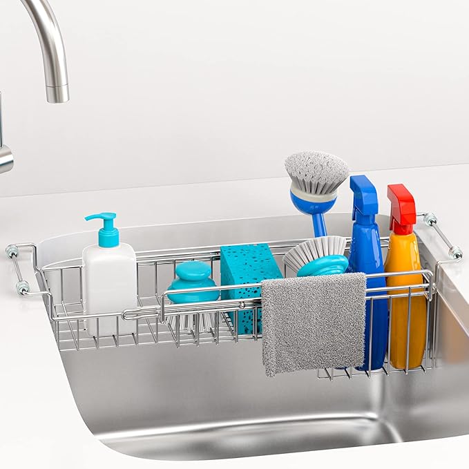 Over The Kitchen Sink Caddy Sponge Holder Organizer Drying Rack Expandable for Sponge Brush Soap Dish Cloth Rag Smaller 12.25" to 17.25", Stainless Steel-NeatNest