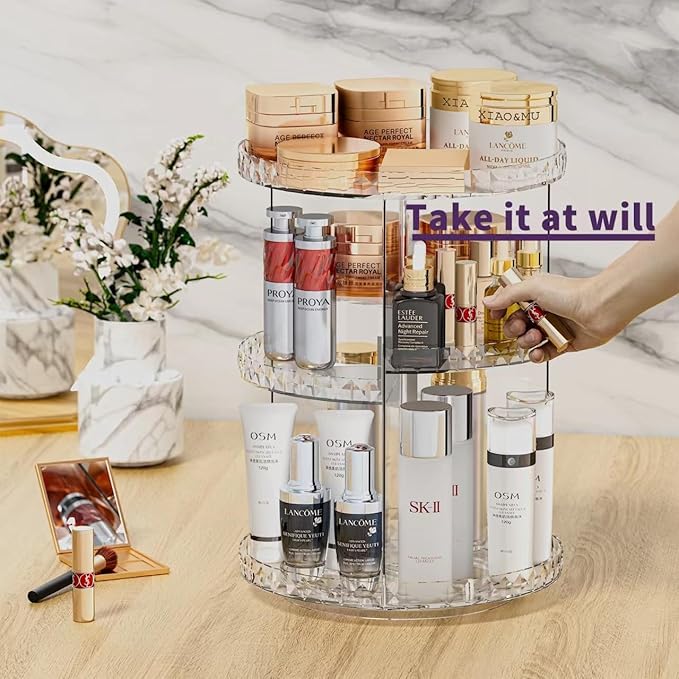 ZHIAI 360 Rotating Makeup Organizer, Large Capacity Cosmetics Organizer for Perfume Holder Organizer Countertop, DIY Adjustable Bathroom Makeup Carousel Holder Rack, Clear Diamond-NeatNest