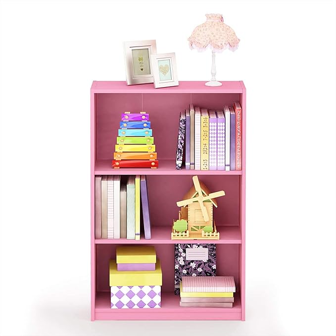 FURINNO JAYA Simple Home 3-Tier Adjustable Shelf Bookcase, Pink