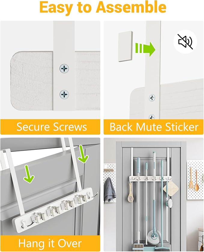 Lorbro Broom Holder Door Mount, Over the Door Broom and Mop Holder with 2 Over Door Hooks, Wood Broom Hanger, Tool Rack Organizer for Laundry, Garage, Closet, Kitchen Decor, 4 Slots & 4 Hooks Rustic