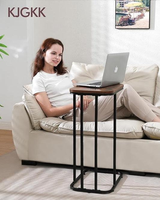 C Shaped End Table Set of 2, Small Side Table for Sofa and Bed, Couch Tables That Slide Under, Tall Tv Tray Table for Living Room, Bedroom, Rustic Brown & Black-NeatNest