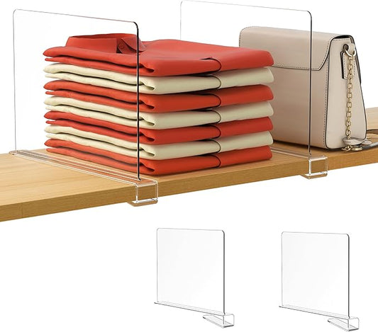 HBlife 2 Pack Clear Shelf Dividers, Vertical Purse Organizer for Closet Perfect for Sweater, Shirts, Handbags in Bedroom and Kitchen, Adjustable Acrylic Bookshelf for Organization-NeatNest