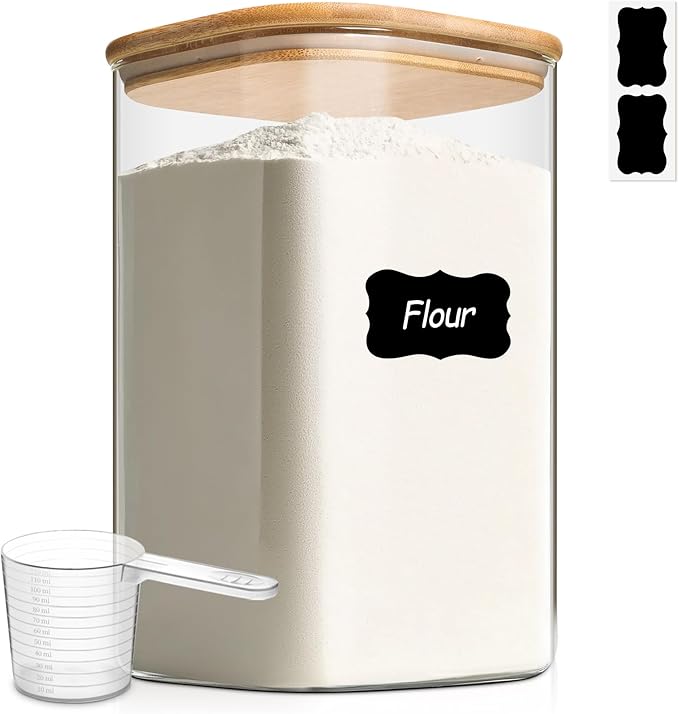ComSaf 4.6Qt Glass Food Storage Containers, 1.2 Gallon Glass Flour and Sugar Containers with Airtight Lids, Large Square Jars with Bamboo Lids for Rice, Pasta, Oats, Grains, Cookies, Coffee Beans-NeatNest