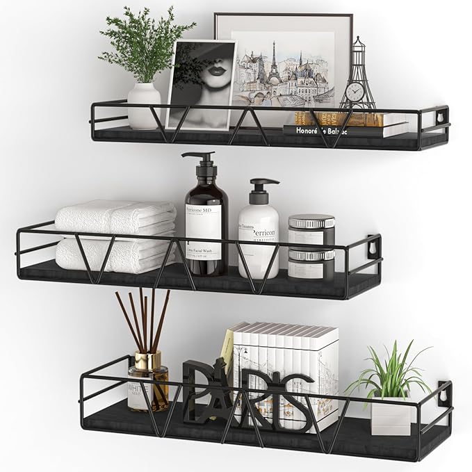Floating Shelves Set of 3, Home Wood Wall Shelf, Farmhouse Shelf for Bedroom, Wall Mounted Floating Shelf for Living Room, Bedroom, Bathroom, Kitchen, Office (Black 2)-NeatNest