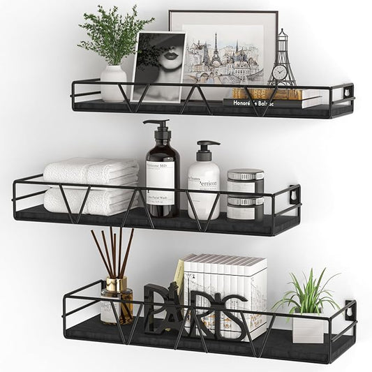 Floating Shelves Set of 3, Home Wood Wall Shelf, Farmhouse Shelf for Bedroom, Wall Mounted Floating Shelf for Living Room, Bedroom, Bathroom, Kitchen, Office (Black 2)-NeatNest