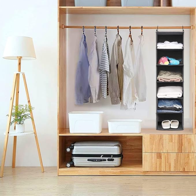 MAX Houser 6 Tier Shelf Hanging Closet Organizer, Closet Hanging Shelf with 2 Sturdy Hooks for Storage,2 Pack, Foldable (Grey)-NeatNest
