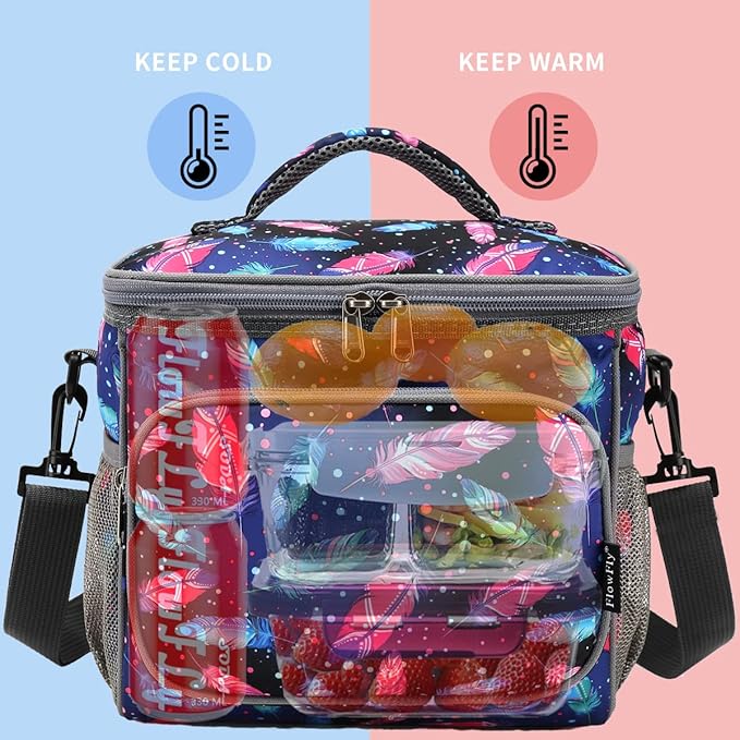 FlowFly Insulated Reusable Lunch Bag Adult Large Lunch Box for Women and Men with Adjustable Shoulder Strap,Front Zipper Pocket and Dual Large Mesh Side Pockets,Feather-NeatNest