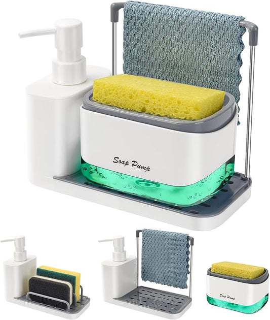 Hand and Dish Soap Dispenser Set with Tray, Dual Soap Dispenser with Sponge Holder and Dishcloth Holder 5-in-1 Organizer for Kitchen Sink Countertop Storage Organize - Useful Kitchen Gadgets (White)-NeatNest