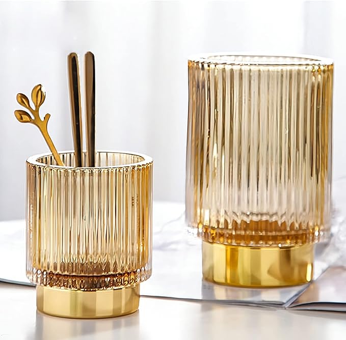 DASITON Makeup Brush holder Organizer,Crystal Cosmetic Makeup Brush Glass Brushes Storage Holder, Vintage Make Up Brush Cup Pen Pencil Holder striped vase(Coffee S＋L)-NeatNest