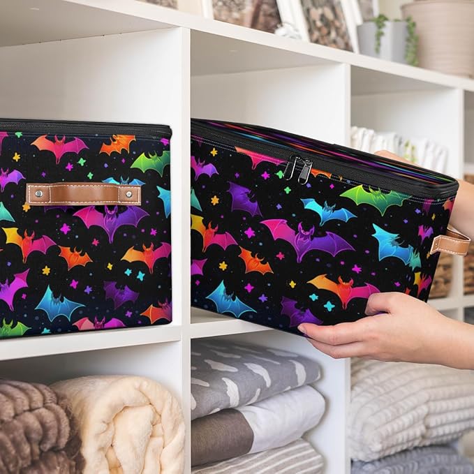 Halloween Bat Storage Bins with Lids, Colorful Bats Fabric Storage Boxes with Zipper, Collapsible Decorative Closet Organizer Cube for Clothes,Organizing, Shelves-NeatNest