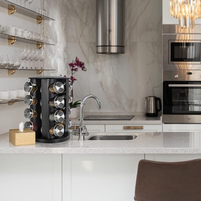 Black Countertop Rotating Spice Rack, 16-Jars Revolving Spice Rack Organizer Tower, 135 Spice Labels with Funnel Complete Set, Seasoning Organizer for Kitchen Countertop, Cabinet-NeatNest