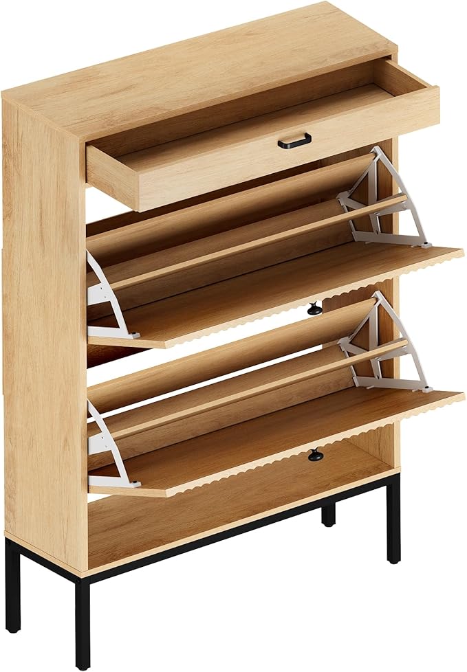 XIAO WEI Shoe Cabinet, Shoe Storage Organizer Cabinet with 2 Flip Wavy Line Drawers, Freestanding Shoe Rack with Adjustable Shelf for Entryway, QH242-1-NeatNest