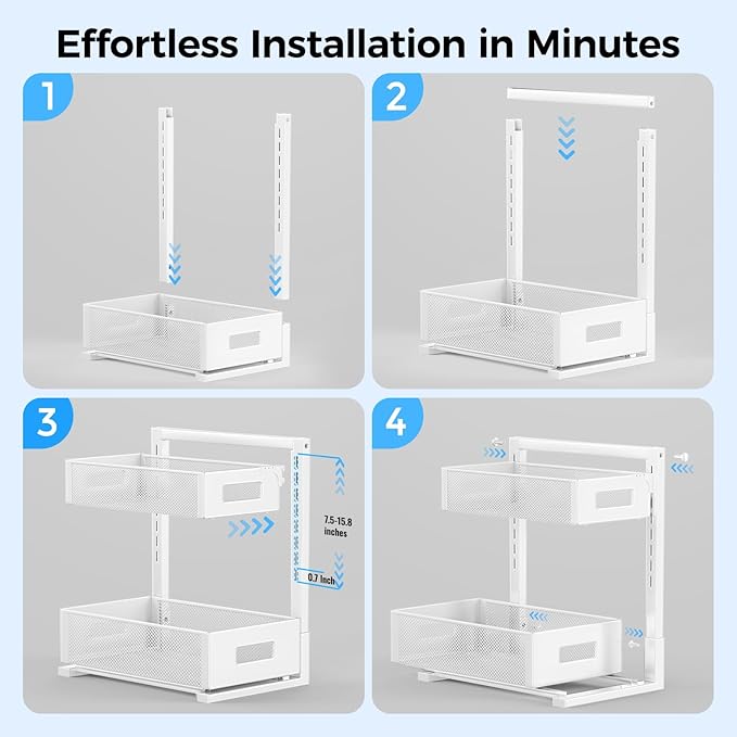 2 Pack Under Sink Organizer, Adjustable Height Under Sink Organizers and Storage, Smooth & Silent Sliding Out Metal Drawer for Kitchen Bathroom Pantry Cabinet Closet (White)-NeatNest