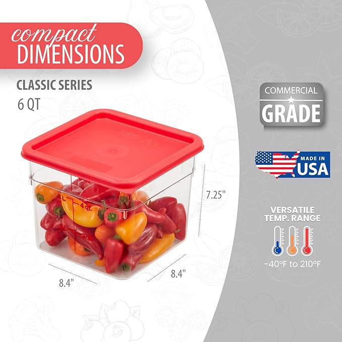 Cambro Food Storage Container with Lid (2 Pack) - Classic Series Square with Red Lid - 6 QT (Quart) - Commercial Grade for Food Prep (Clear)-NeatNest