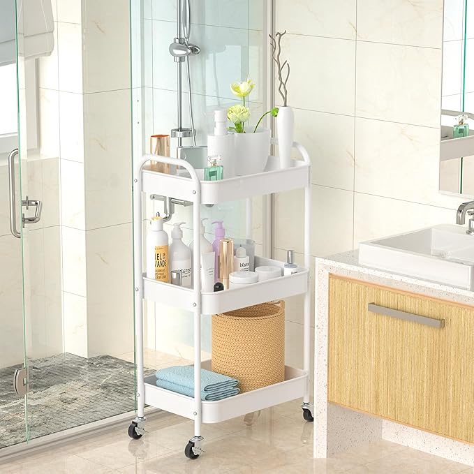 3-Tier Rolling Metal Storage Cart with Wheels, Multi-Functional Organizer for Office, Kitchen, Bathroom, Books Diapers - Easy Assembly (White)-NeatNest