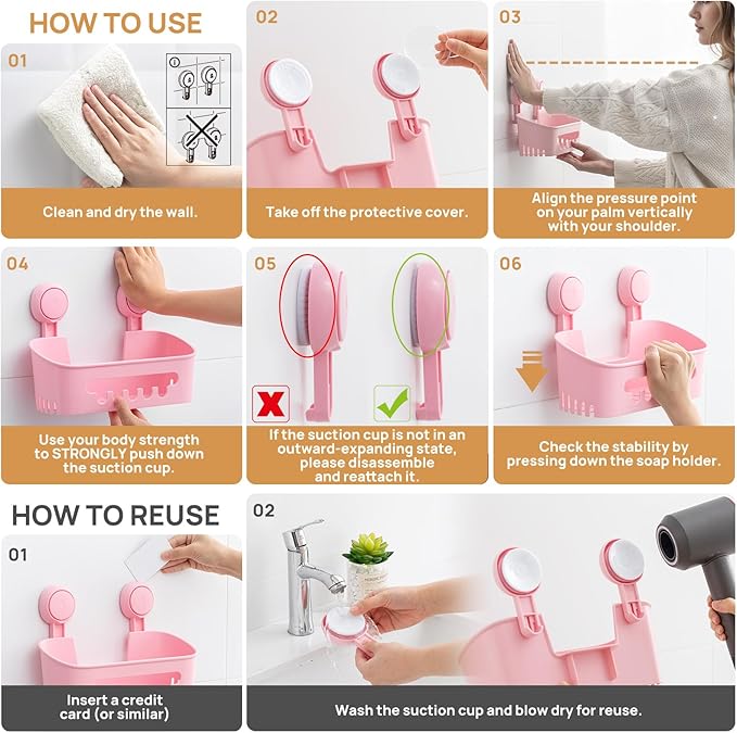 LEVERLOC Shower Caddy Suction Cup 2 Pack, Shower Organizer Removable Bathroom Shelf, Storage Suction Powerful Max Hold 22lbs Bathroom Caddy Waterproof Holder, Pink-NeatNest