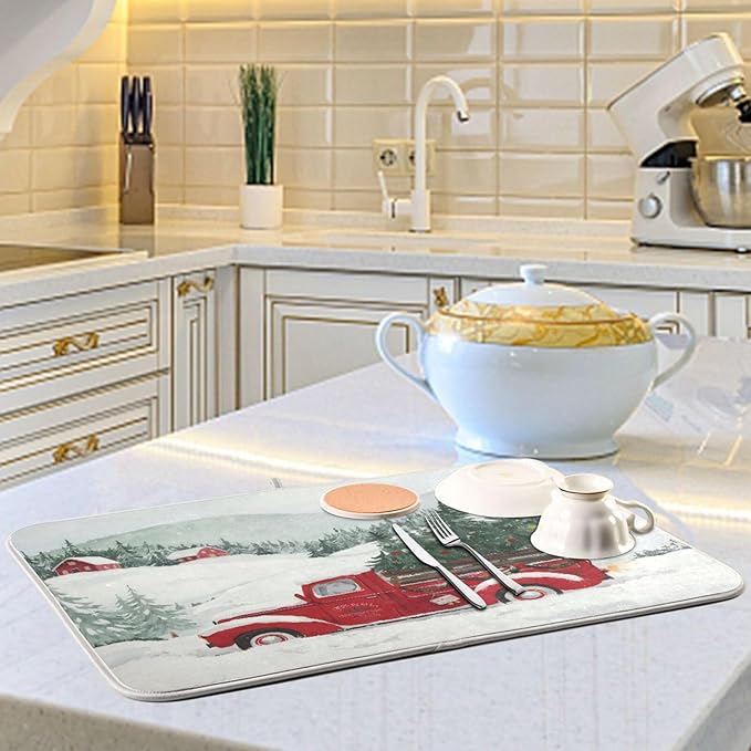 Happy Christmas Tree Dish Drying Mat Microfiber Drying Matt for Dishes Sink Kitchen Counter 18 x 24 Inches