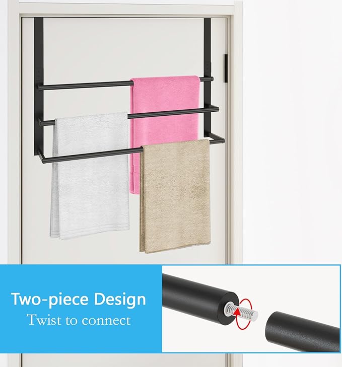 24Inch Over The Door Towel Rack, Stainless Steel DOKU Door Towel Hanger, Over Door Towel Holder with 3 Tier Towel Bars, Matte Black Over Door Towel Storage for Bathroom