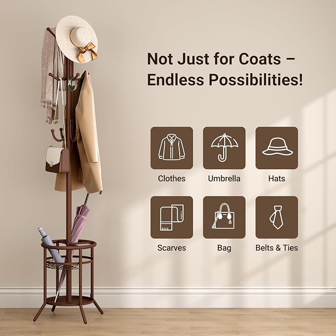 ELYKEN Coat Rack Freestanding, Metal Coat Rack Stand with Umbrella Holder, Modern Coat Tree with 12 Hooks, Floor Standing Corner Hall Tree for Entryway Living Room Bedroom Office, Brown-NeatNest