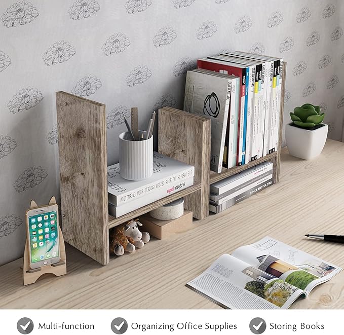 Jerry & Maggie Desktop Organizer Office Storage Rack Adjustable Wood Display Shelf Free Style Double H, Multi-Functional Mini Bookshelf for Desk Natural Stand (Gray Oak)-NeatNest
