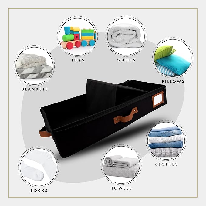 HOMELUX THEORY 2pc Under Bed Storage Containers, Bedroom Under the Bed Drawer Storage Organizer with Bins and Lids, Medium Underbed Clothes Storage Box Ideal for Blanket, Fabric, & Shoes (Black)-NeatNest