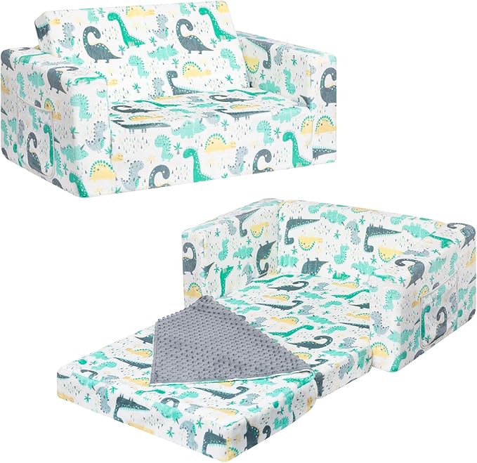 ALIMORDEN Fold Out Toddler Couch, Extra Wide Comfy 2-in-1 Cuddly Sherpa Sofa for Kids, with Removable Baby Friendly Blanket, Convertible Sofa to Bed, Dinosaur-NeatNest