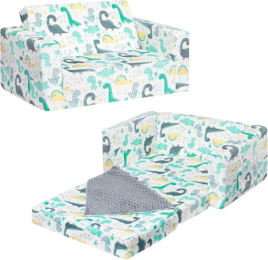 ALIMORDEN Fold Out Toddler Couch, Extra Wide Comfy 2-in-1 Cuddly Sherpa Sofa for Kids, with Removable Baby Friendly Blanket, Convertible Sofa to Bed, Dinosaur-NeatNest