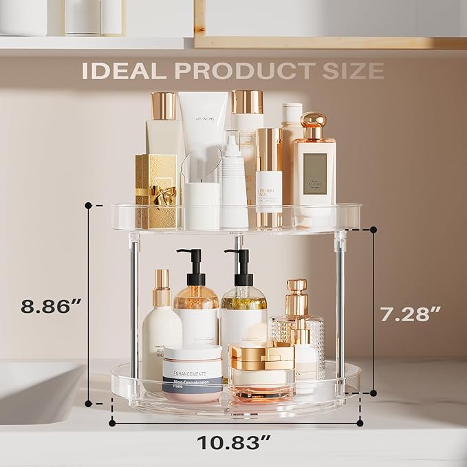 2 Pack 10.6-Inch 2 Tier Lazy Susan Organizer, 360 Degree Rotating Clear Turntable for Cabinet, Makeup and Perfume Organizer for Vanity, Kitchen, and Bathroom Counter Tray-NeatNest