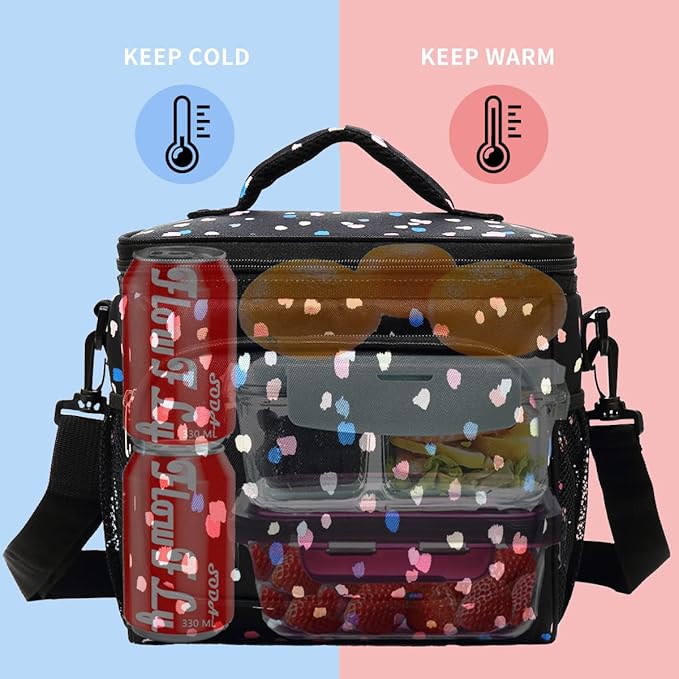 FlowFly Insulated Reusable Lunch Bag Adult Large Lunch Box for Women and Men with Adjustable Shoulder Strap,Front Zipper Pocket and Dual Large Mesh Side Pockets,BlackFlower-NeatNest