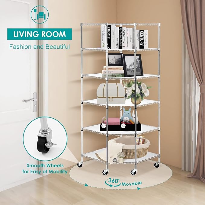 BNSPLY 6 Tier Corner Wire Shelving Unit, Adjustable Metal Storage Rack, Mobile Corner Wire Shelves for Kitchen, Laundry, Bathroom, Pantry, Closet Organization (26.7" D x 26.7" W x 71" H, Chrome)-NeatNest