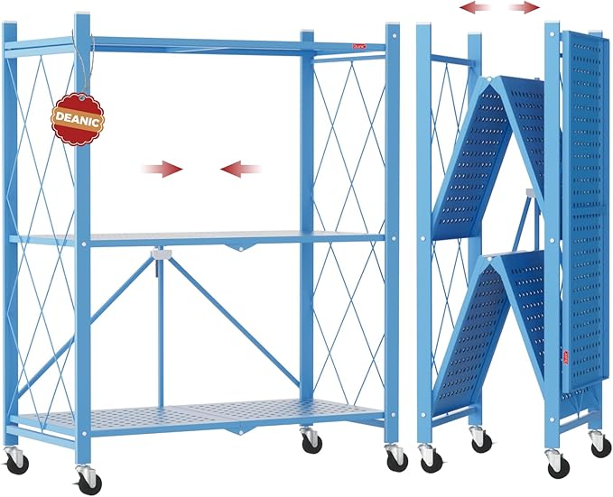 DEANIC 3 Tier Foldable Storage Shelves with Wheels, Kitchen Appliance Stand, Freestanding Metal Wire Shelf Rack, No Assembly Organizer Rolling Cart for Garage, Basement, Pantry(Blue)