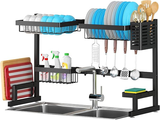 PUSDON Over Sink Dish Drying Rack Stainless Steel, Adjustable Large Dish Drainer for Storage Kitchen Organization Black 2 Tier-Simplified(26"-38")