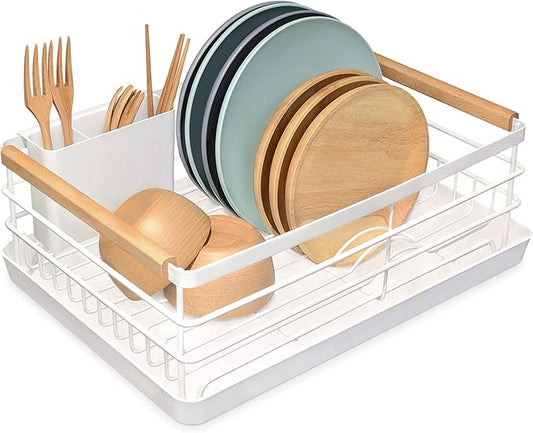 BRIAN & DANY Dish Drying Rack, Dish Racks for Kitchen Counter, Stainless Steel Dish Drainer with Removable Cutlery Holder & Drainboard, White