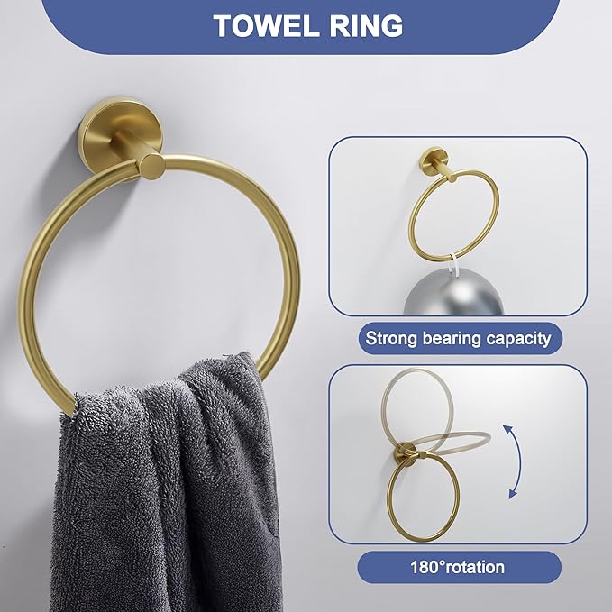 Brushed Gold Bathroom Hardware Set, 18 Inch SUS304 Stainless Steel Bath Towel Bar Set, Bathroom Accessories Set, Towel Rack, Towel Ring, Toilet Paper Holder, Robe Towel Hooks, 5-Pieces