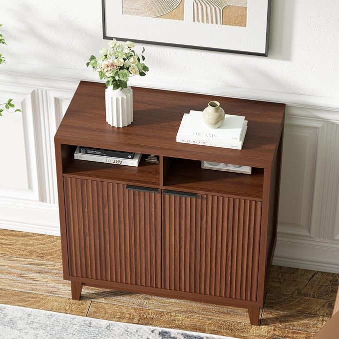 Buffet Cabinet with Storage - Elegant Fluted Storage Cabinet with Adjustable Shelves and Solid Wood Leg, Modern Buffet Sideboard for Living Room, Dining Room, Entryway-NeatNest