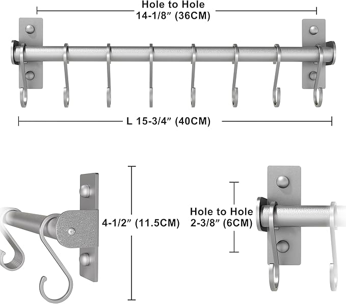 Dseap Kitchen Utensil Holder Hanger, Pot and Pan Rack Wall Mounted, Kitchen Rail with 8 Hooks for Hanging Cooking Utensils, Mugs, Spoons, Wall Mounted, Silver, Pack of 2